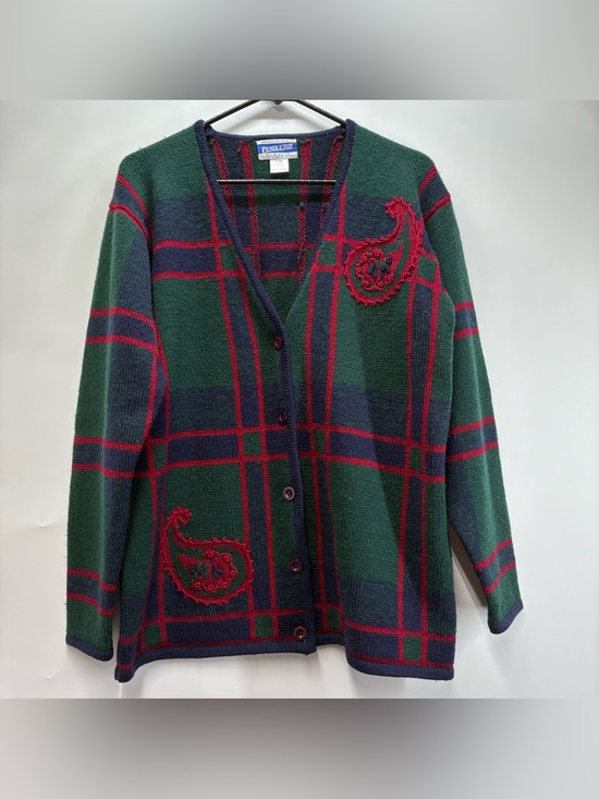 Pendleton Sweaters - Vintage 90s Pendleton Large Wool Plaid Cardigan Sweater Paisley Button Up Retro